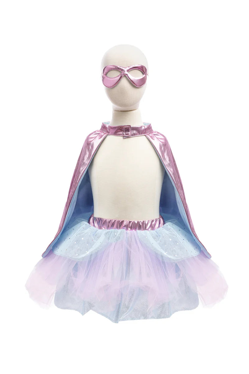 Set de super-héroïne, tutu/cape/masque, rose/bleu clair