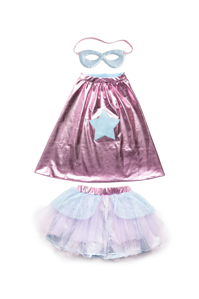 Set de super-héroïne, tutu/cape/masque, rose/bleu clair