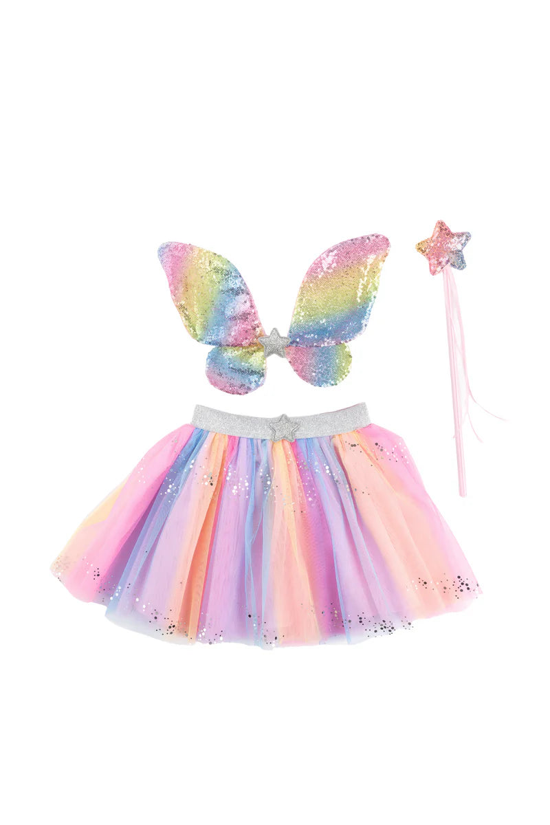 Jupe arc-en-ciel à sequins avec ailes et baguette