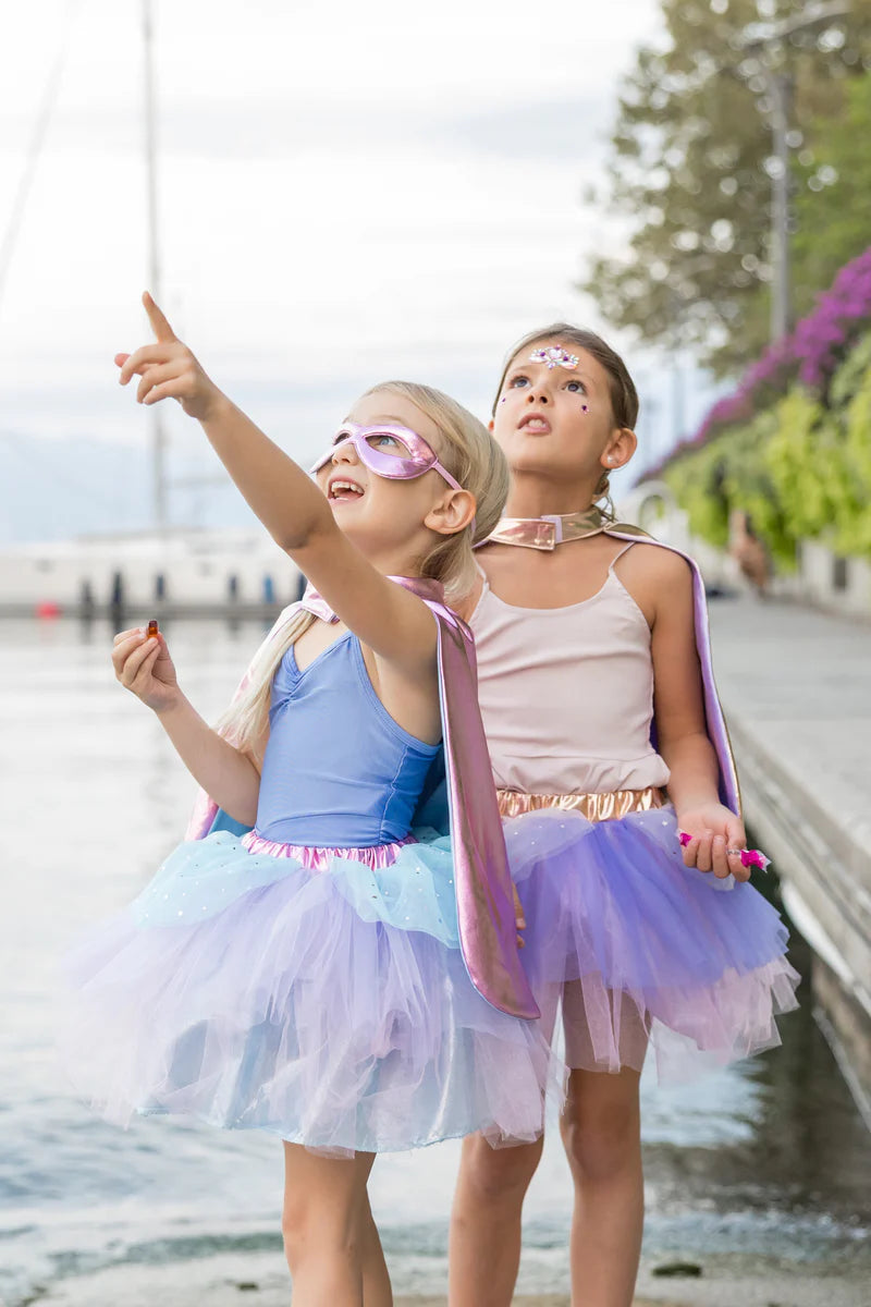 Set de super-héroïne, tutu/cape/masque, rose/bleu clair