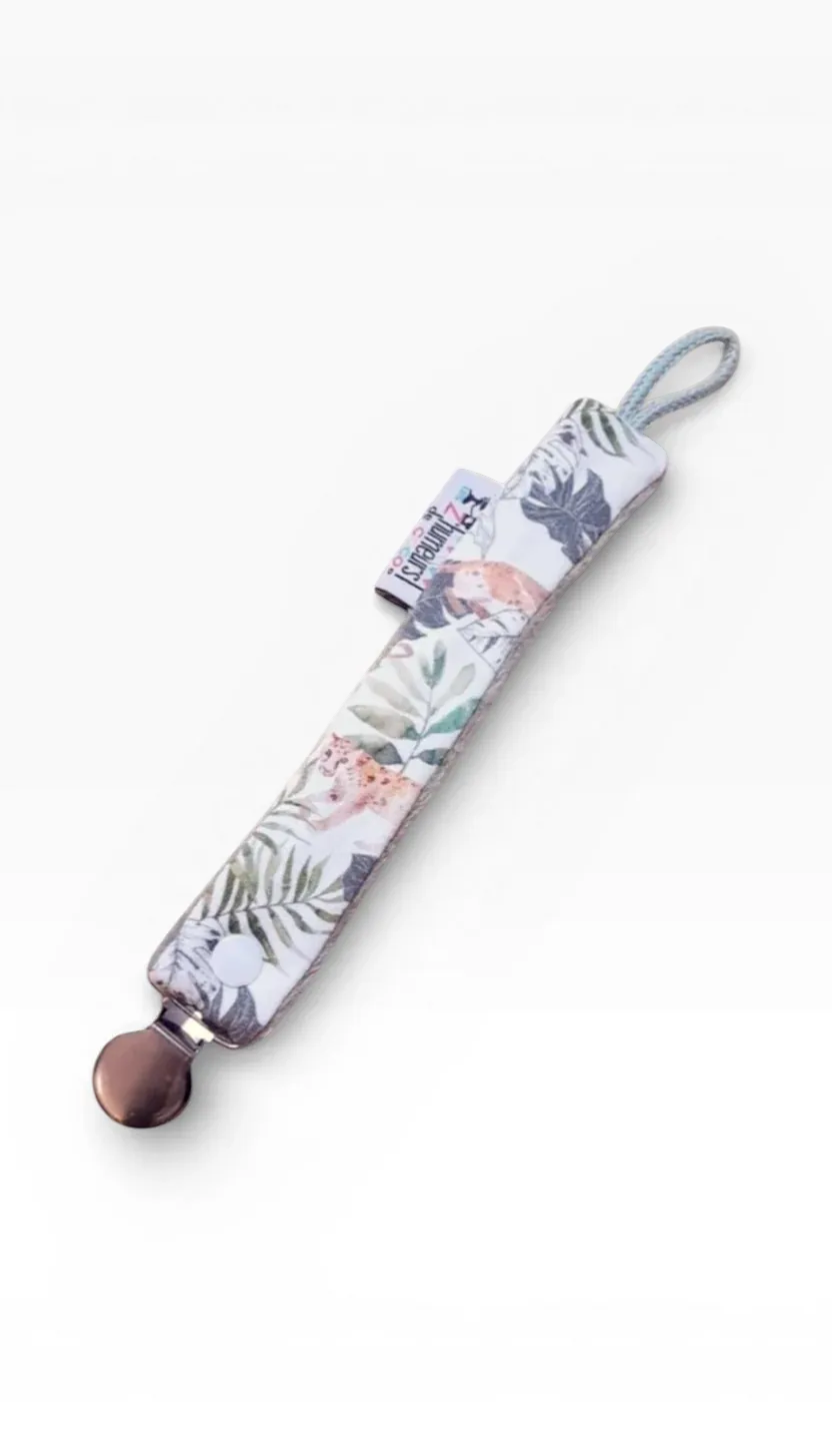 Les z'humeurs de coco handmade pacifier clip with jungle print and metal clip. Jersey and Minky fabric.