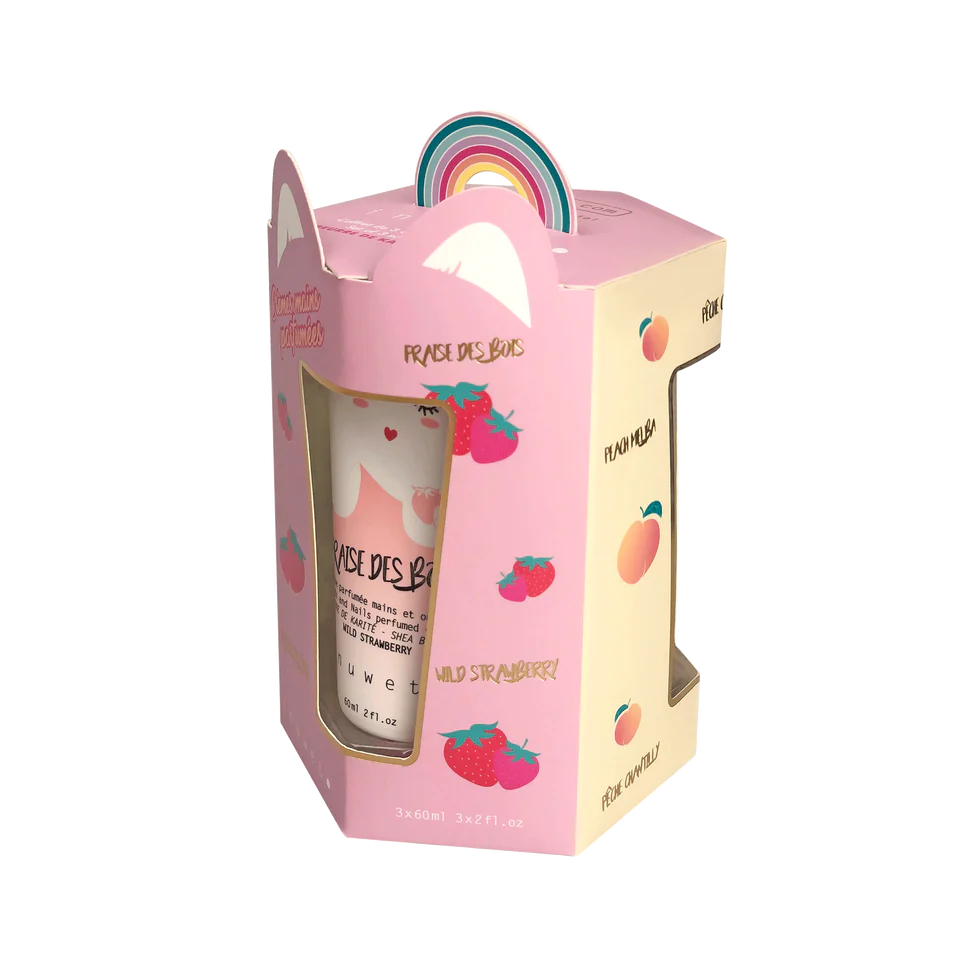 Coffret trio crèmes mains - Pêche chantilly, Fraise des bois et Vanille coco